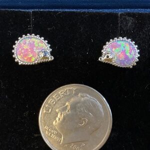 Adorable Hedgehog stud earrings ~ Pink and blue manmade opals so pretty
